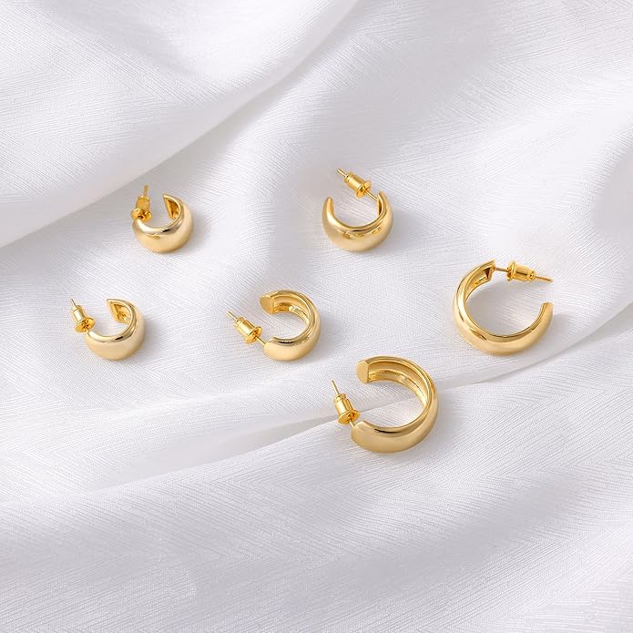 Gamicy Small 14K Gold Plated Hoop Earrings for Women with 925 Stering Silver Post, 14K Real Gold Plated Chunky Lightweight Hoops Earrings