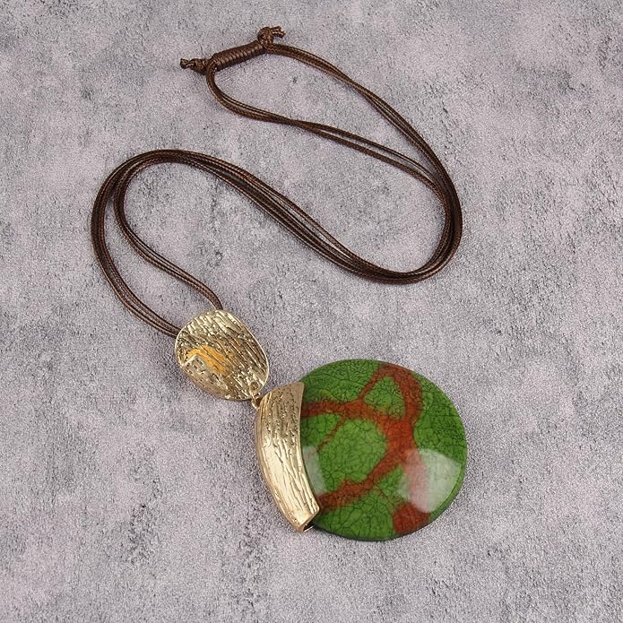 Boho Leather Necklace Women Bohemian Brown Circle Pendant Necklace Choker Long Necklaces for Women Boho Ring Large Pendant