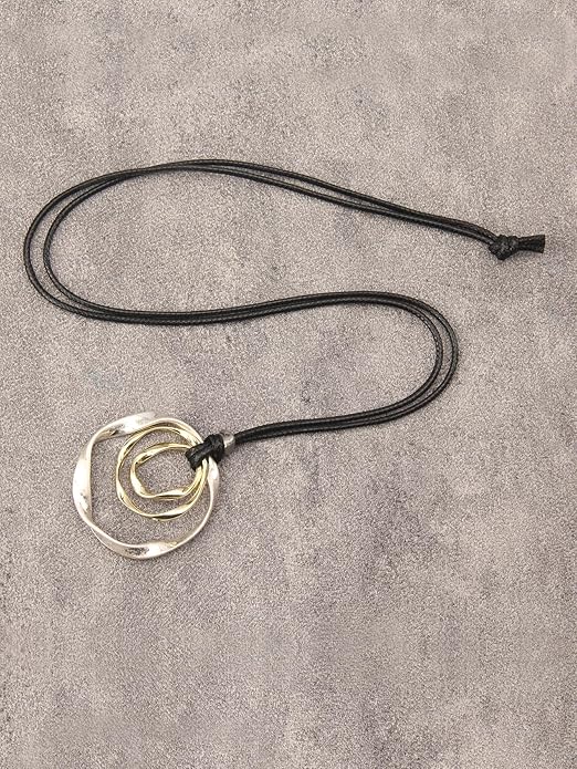 GelConnie Boho Necklaces for Women Vintage Silver Circles Long Pendant Necklace Cowgirl Sweater Necklace Adjustable Leather Choker Necklace for Women