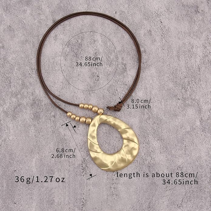Boho Leather Necklace Women Bohemian Brown Circle Pendant Necklace Choker Long Necklaces for Women Boho Ring Large Pendant