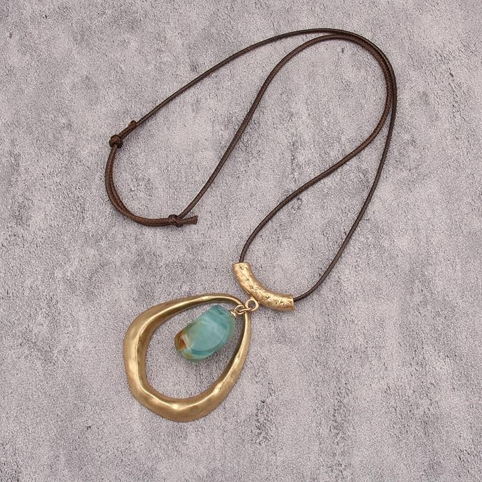 Boho Leather Necklace Women Bohemian Brown Circle Pendant Necklace Choker Long Necklaces for Women Boho Ring Large Pendant