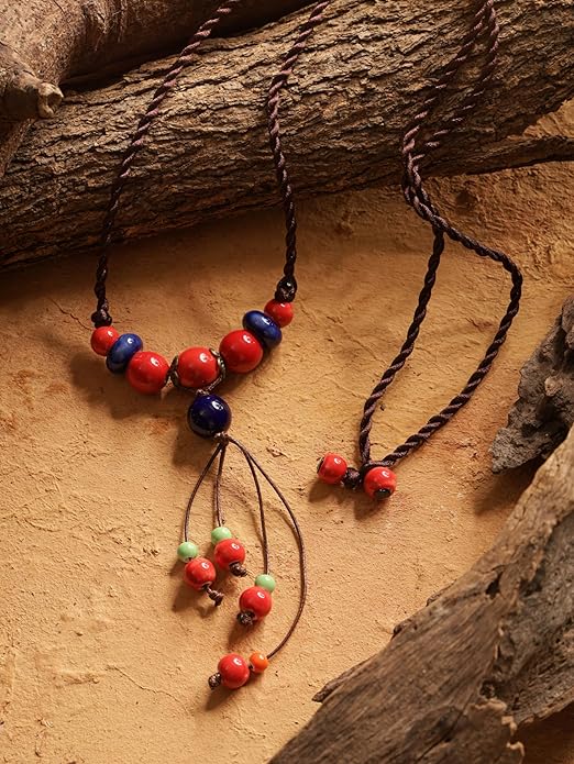 MINACHI Vintage Bohemian Ethnic Colorful Ceramic Bead Long Y Necklace, Hippie Boho Summer Fashion Jewelry Gift for Women