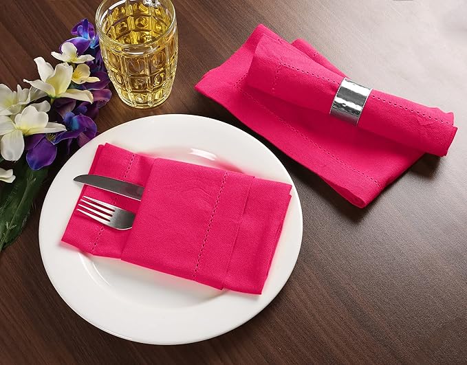 Palisa Cloth Dinner Napkins with Hemstitched Detailing & Mitered Corners Set of 4 (18x18 Inches) Hot Pink - Cotton Reusable Dinner Napkins for Valentines Day, Table Linen for Weddings & Everyday Use