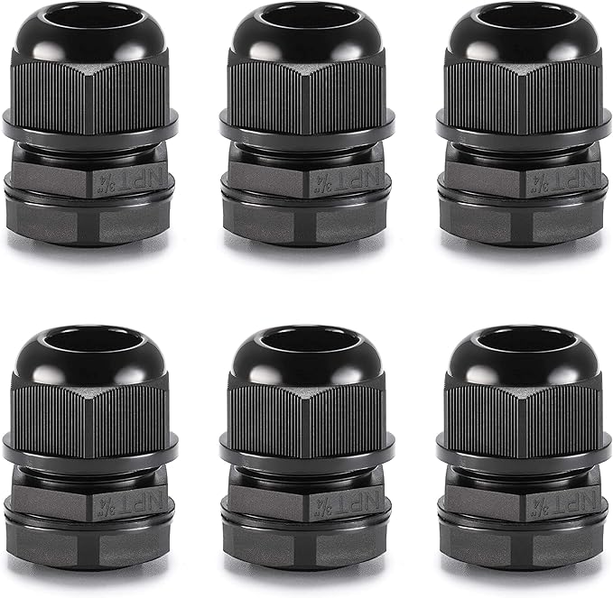 QILIPSU 6pcs 3/4" NPT Cable Gland Waterproof IP68 Nylon Cable Pass Through Cord Grip Connector Strain Relief Wire Grommet
