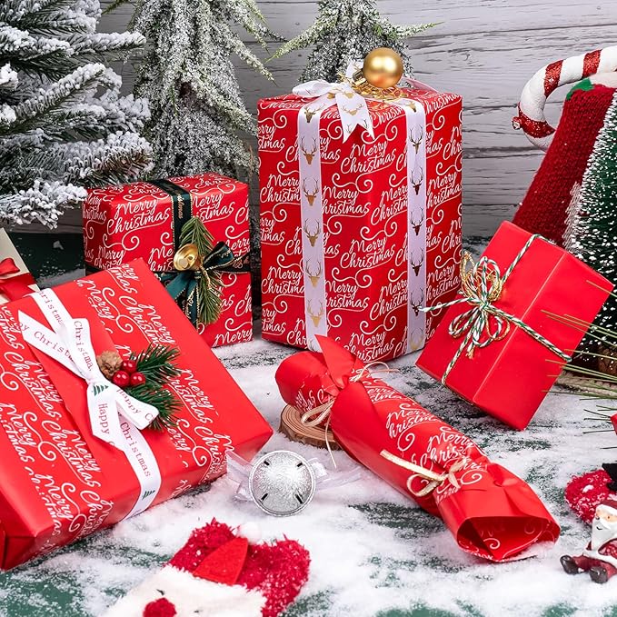 WRAPAHOLIC Reversible Red Christmas Wrapping Paper - Mini Roll - 17 Inch x 33 Feet - Merry Christmas and Solid Red Wrapping Paper for Holiday, Party Celebration