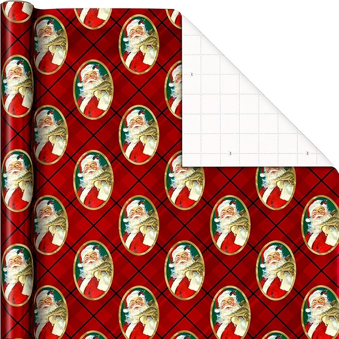 Hallmark Foil Christmas Wrapping Paper with Cut Lines on Reverse (3 Rolls: 60 sq. ft. ttl) Classic Santa Claus, Gold Merry Christmas, Green Plaid with Gold Trees