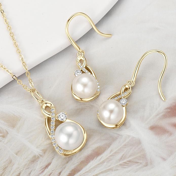 Sterling Silver Pearl Jewelry Set with Shiny Moissanite, Real Freshwater Pearl Earrings Necklace for Women, Wedding Jewelry for Brides Bridesmaid, Mother's Day