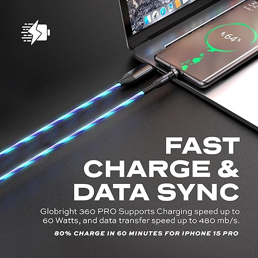 Statik 360 Pro Magnetic Charging Cable - Type C Charger Fast Charging 3 in 1 USB C to USB C Cable, Micro USB & iProduct Tips, USB A Adapter, Fits All Devices - 100W Fast Charger, GloBright 6FT/2M