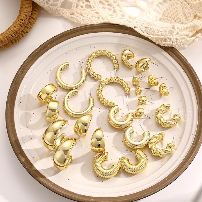 12 Pairs Chunky Gold Hoop Earrings for Women Trendy, Gold Plated Lightweight Hypoallergenic Stack, Thick Open Twisted Huggie Hoops Earring Set
