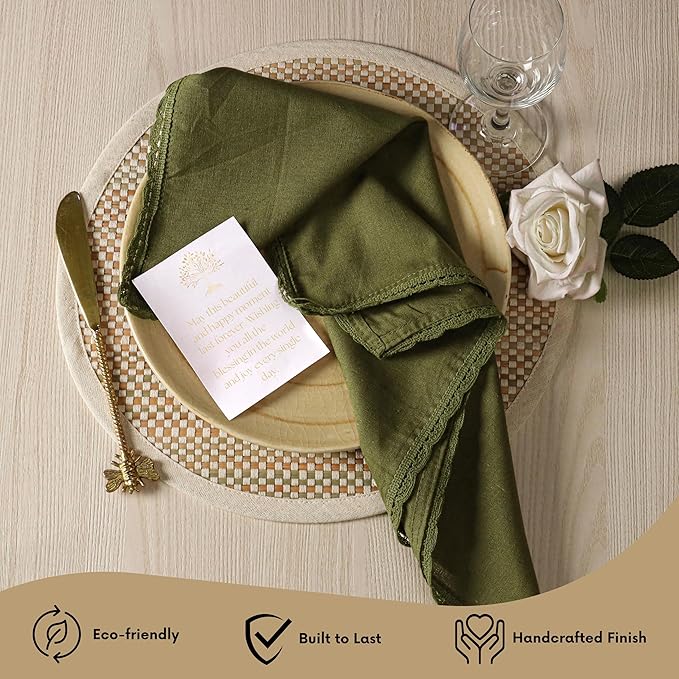 Ramanta Home Linen Flax Cloth Napkins Set of 12| 18x18 Inch | Premium Cotton Linen Flax Lace Soft & Durable | Washable Ideal for Everyday Use Parties Thanksgiving Christmas Halloween Olive Green
