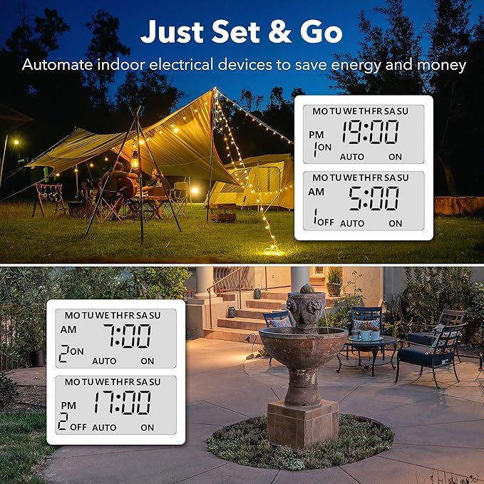 BN-LINK 7 Day Outdoor Heavy Duty Digital Programmable Timer, Outdoor Timer Outlet Waterproof, Grounded Electrical Outlets for Christmas Lights Lamps Ponds, 1875W 1/2HP, ETL Listed-2PACK