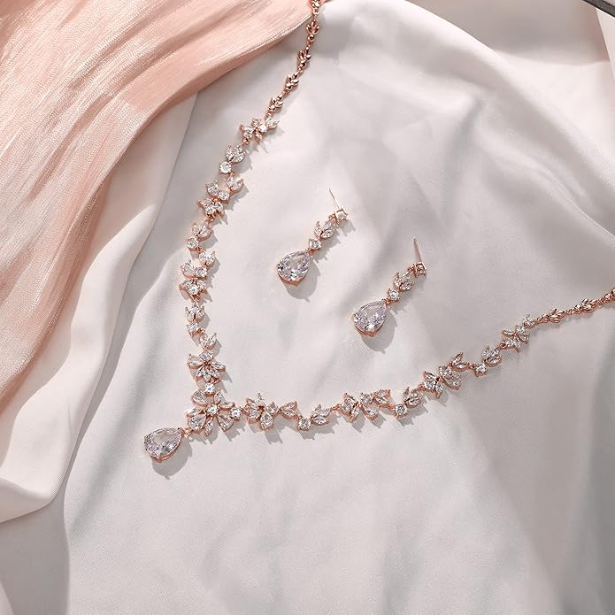 Crysdue Wedding Jewelry Set for Women, Floral Leaf Vine Teardrop Necklace Dangle Earrings Bracelet and Hair Comb, Cubic Zirconia Elegant Party Prom Jewellery for Bridal Bridesmaid