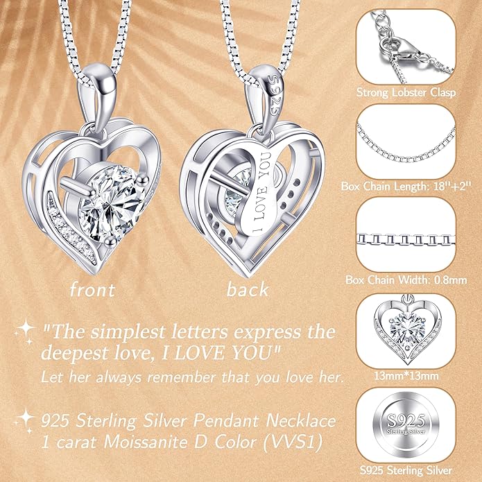 Heart Moissanite Birthstone Necklaces Anniversary/Birthday/Best Friend/Girlfriend/Wife Gifts for Her 925 Sterling Silver Pendant Necklace for Women