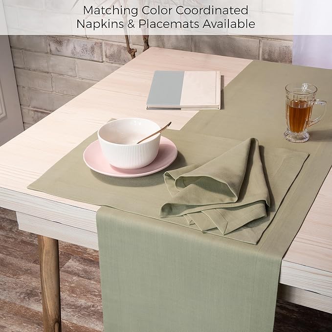 D'Moksha Homes Sage Green Table Runner 14 x 108 Inch - Faux Linen Table Runner 108 Inches Long - Wrinkle Resistant, Machine Washable for Fall, Thanksgiving, Christmas, Holiday - 100% Recycled Fabric