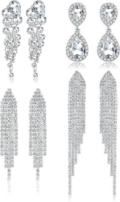 THUNARAZ 4 Pairs Silver Clip on Earrings for Women, Sparkly Rhinestone Tassel Chandelier Teardrop Dangle Earrings for Brides Bridesmaids Non Pierced Prom Jewelry Set