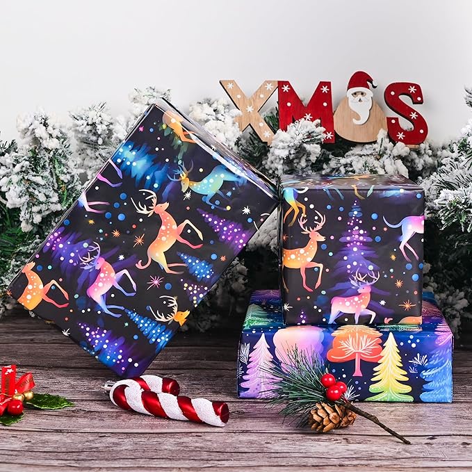 Vnaaem Chrismas Wrapping Paper Roll for Boys Kids Girls - Cute Rainbow Xmas Gift Wrap with Reindeer Trees Design for Holiday Winter Birthday DIY Craft Party(Total 28.5sq.ft)