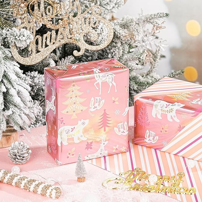 RUSPEPA Christmas Reversible Wrapping Paper Roll for Girls, Mini Roll, Rose Gold Foil Reindeer, Polar Bear, Tree, Floral Design, Pink White Stripes Gift Wrap for Holiday Gifts, 17 Inches x 32.8 Feet