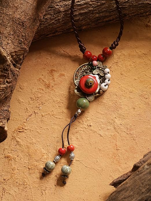 MINACHI Vintage Bohemian Colorful Ceramic Bead Antique Flower Y Necklace, Vintage Boho Hippie Statement Jewelry Gift for Women
