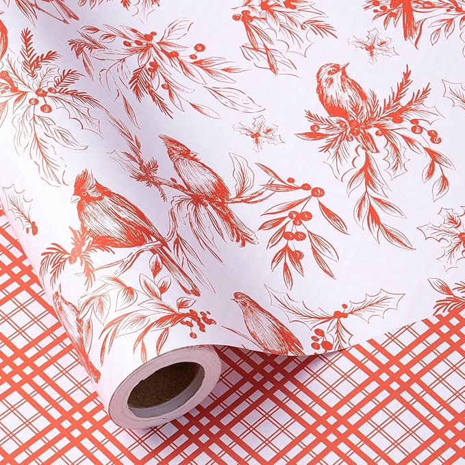 RUSPEPA 30" X 32.8' Reversible Christmas Wrapping Paper Roll, Jumbo Roll, Vintage Red Botanical Bird and Pinecone Design, Red White Plaid Gift Wrap for Girls, Family, Friends, Xmas Holiday Gifts
