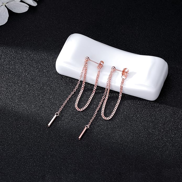 SLUYNZ Solid 925 Sterling Silver Bar Dangle Earrings for Women Minimalist Dangle Earrings Threader Chain