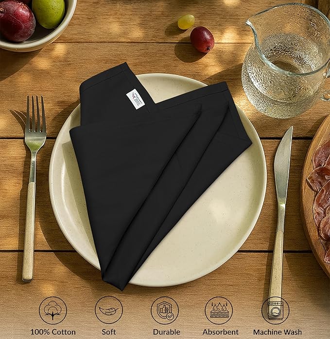 Ruvanti Premium Cloth Napkins Set of 12, 18x18 Inches, 100% Cotton, Washable, Soft & Absorbent, Perfect for Wedding, Christmas, Thanksgiving Dinners - Black Beauty