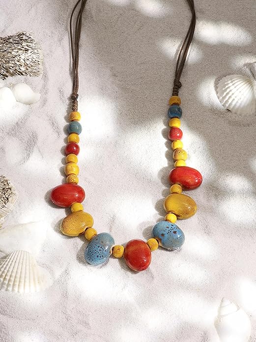 MINACHI Bohemian Hippie Colorful Ceramic Geometric Bead Strand Necklace, Vintage Boho Statement Jewelry Gift for Women