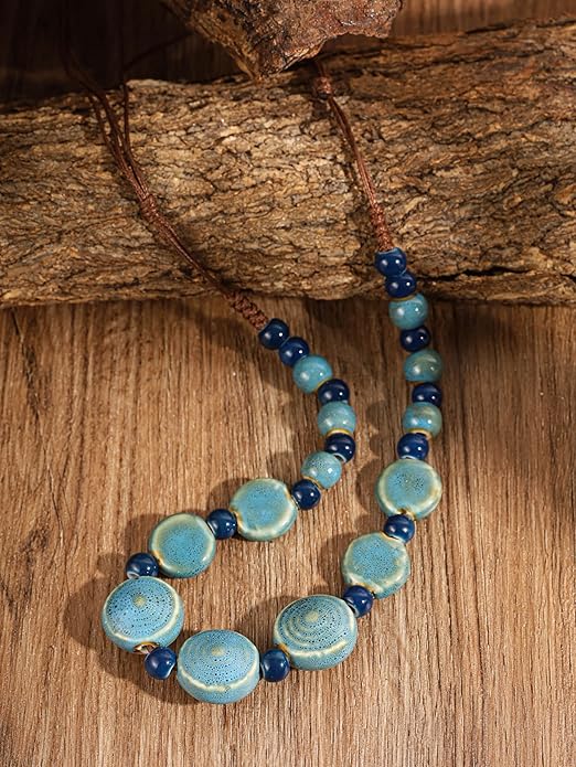 MINACHI Boho Hippie Round Ceramic Beads Strand Necklace, Vintage Bohemian Summer Beach Jewelry Gift for Women