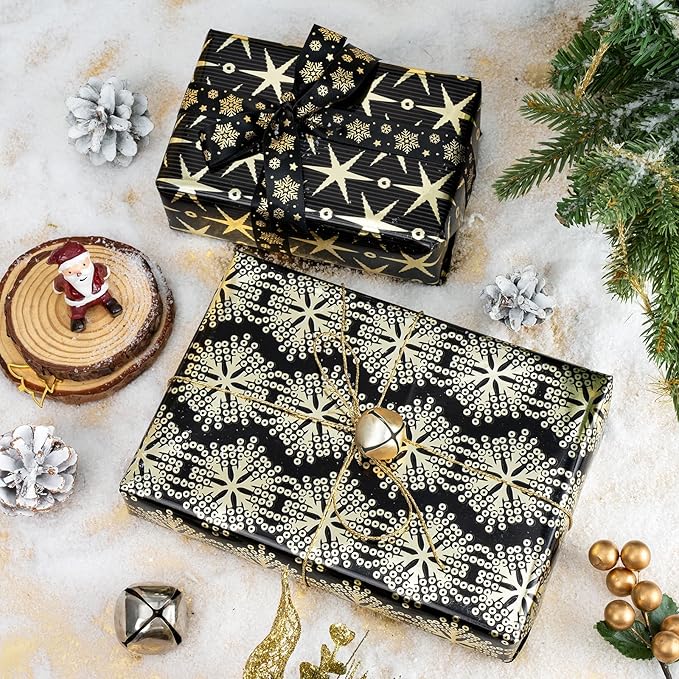 WRAPAHOLIC 30 Inch Christmas Wrapping Paper Roll - Jumbo Roll Black Gold Christmas Sleigh Holiday Design with Metallic Foil Shine - 4 Rolls - 30 Inch x 120 Inch Per Roll