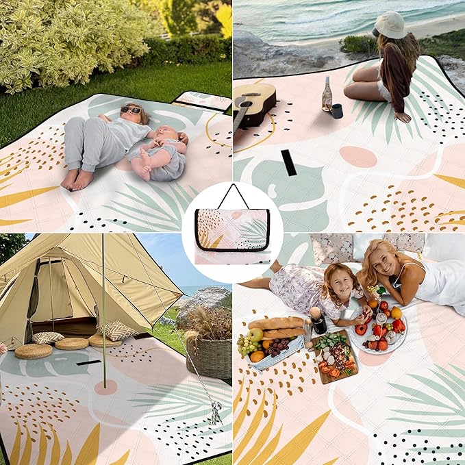 Picnic Blankets,79''x79'' Extra Large Sandproof Waterproof Beach Blanket,Foldable Portable 3-Layer Polyester Outdoor Picnic Blanket for Grass Lawn,Beach,Family Camping,Park,Travel-Tropical Leaves