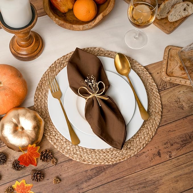 Blue Needles Solid Cloth Napkins Set of 12 Nut Brown 100% Cotton Dinner Napkins 18x18 inches - Soft, Reusable, Absorbent & Washable Fall Thanksgiving Linen, Ideal for Events, Parties & Everyday Use