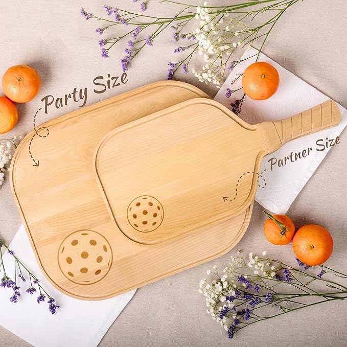 Pickleball Charcuterie & Cutting Board, Pickleball Gift, Partner Size - 17 x 8.5 x 0.75”, Birch Wood, Paddle Shape with Handle, Mineral Oil Finish