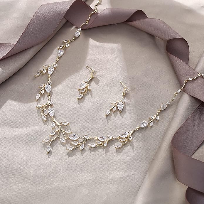 EVER FAITH Wedding Jewelry for Bride Women Bridesmaid, Sparkly Cubic Zirconia Pear-Shaped Birthstone Leaf Necklace Earrings Set for Prom