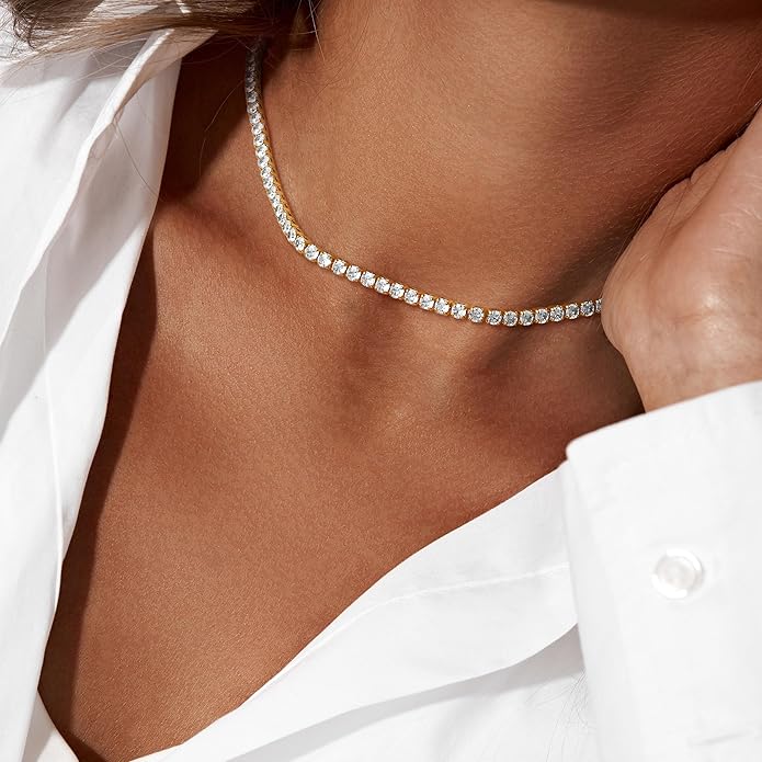Tennis Necklace for Women, 14K Gold/Silver Plated Rhinestone Choker Necklace for Women, Dainty Cubic Zirconia Cut Faux Diamond Chain