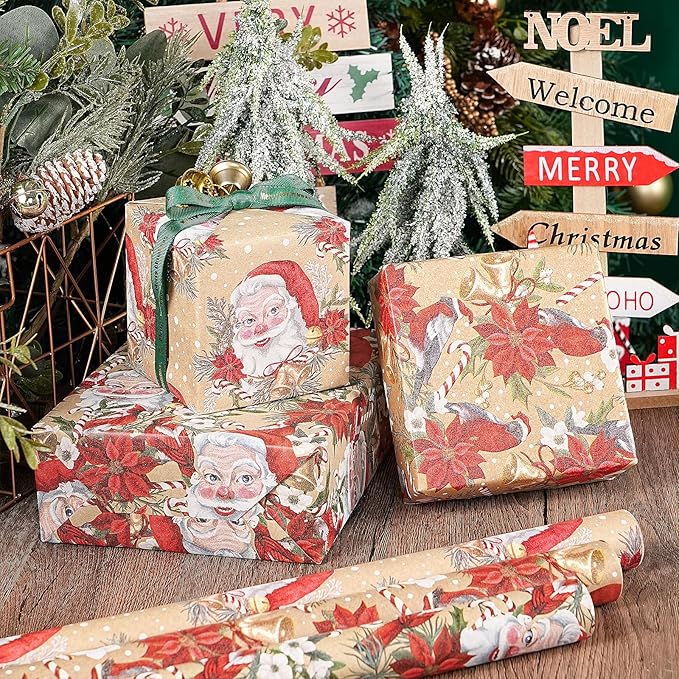 RUSPEPA Kraft Christmas Wrapping Paper Set, Jumbo Roll, Vintage Santa, Bird, Poinsettia,and Gold Snowflake Plaid Design, Kraft Gift Wrap for Christmas, Holiday, 4 Rolls, 30 Inches x 10 Feet per Roll