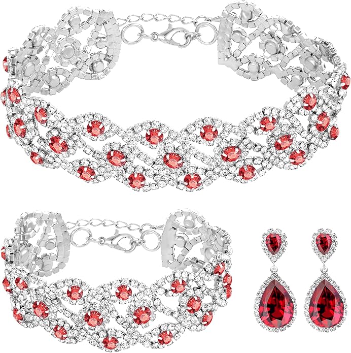 3/4 Pieces Women Jewelry Set Artificial Rhinestone Crystal Bride Statement Choker Necklace Tiara Crown Link Bangle Bracelet Teardrop Dangle Earrings Set