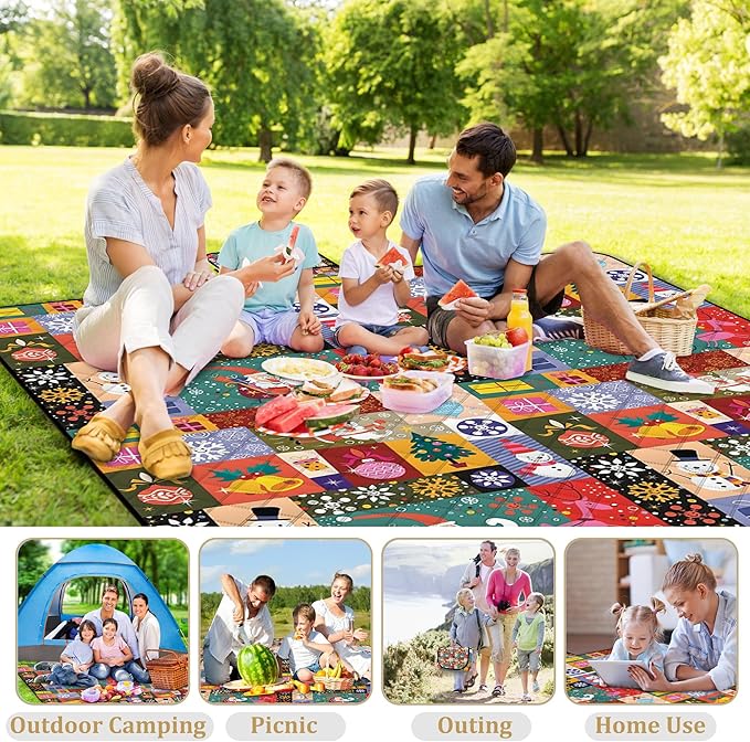 Poedist Extra Large Picnic Blanket Waterproof,80"x 80"Foldable Machine Washable Beach Blanket,Outdoor Blanket for 6-8 Adults,Suitable for Crawling,Park Beach,Camping,Hiking,Family, Christmas