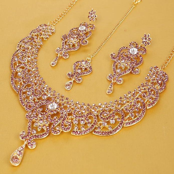Touchstone Indian jewelry set for women bollywood gold jewellery wedding outfits necklace sets earrings bridal maang tikka fancy costume girls big desi accessories rhinestone in gold or silver tone