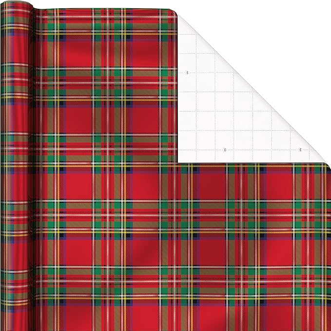 Hallmark Foil Christmas Wrapping Paper with Cut Lines on Reverse (3 Rolls: 60 sq. ft. ttl) Plaid Snowflakes, Snowmen, Red, Green and Blue Plaid