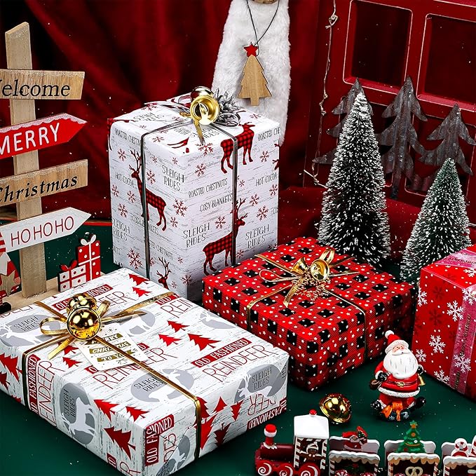 WRAPAHOLIC 30 Inch Christmas Wrapping Paper Roll - Jumbo Roll Rustic Holiday Woodland Scenes - Snowflake, Plaid, Reindeer - 4 Rolls - 30 Inch x 120 Inch Per Roll