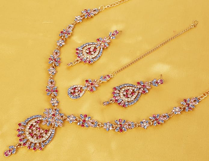 Touchstone Indian jewelry sets for women maang tikka wedding guest gold necklace bollywood jewellery set pageant elegant prom bride accessories western crystal chunky rhinestone necklaces