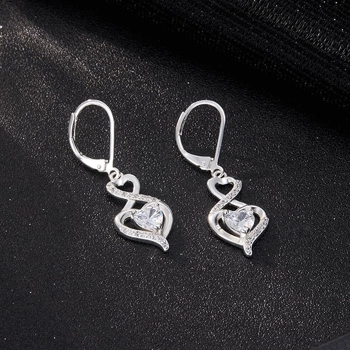 Sterling Silver Dangle Earrings for Women Trendy Hypoallergenic Leverback Silver Drop Earrings with Cubic Zirconia Double Twisted Infinity Heart Ball Charm Dangle Drop Earring Jewelry