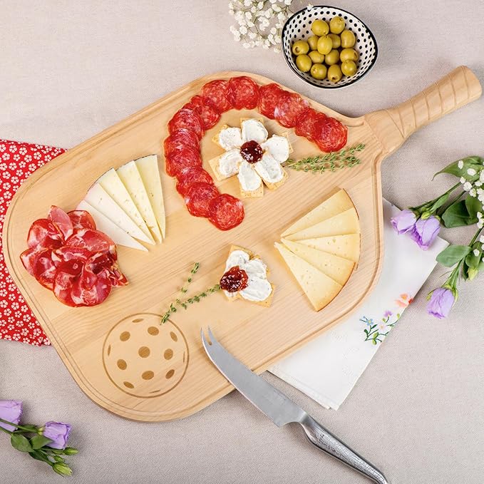 Pickleball Charcuterie & Cutting Board, Pickleball Gift, Party Size - 22.5 x 5.5 x 0.75”, Birch Wood, Paddle Shape with Handle, Mineral Oil Finish