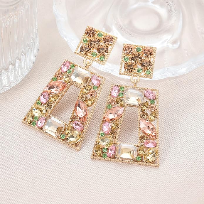Rhinestone Rectangle Statement Earrings Colorful Crystal Geometric Drop Dangle Earrings for Women Prom Party