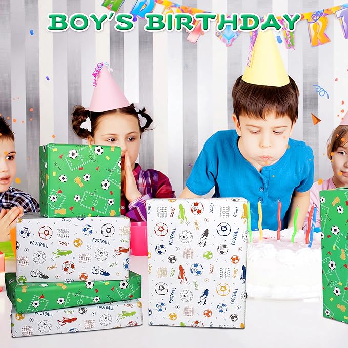 Wrapping Paper Football Wrapping Paper Boys Men Birthday Wrapping Paper Sheets with Sport Soccer Green White Mixed Design,Birthday Gift Wrap Set for Present Birthday Paper Wrap,Ribbion Tags(6 Sheets, 28"Lx20"W per Sheet)