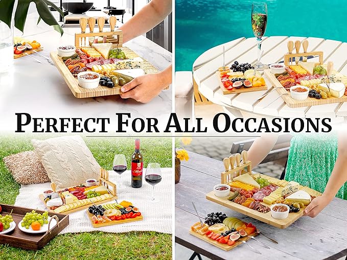 Zulay Kitchen Premium Bamboo Charcuterie Board Set - Extra Thick Bamboo with 4 Piece Knife Set - Perfect for Charcuterie, Wine and Cheese