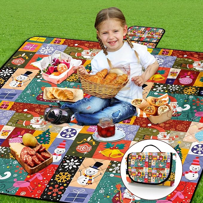 Poedist Extra Large Picnic Blanket Waterproof,80"x 80"Foldable Machine Washable Beach Blanket,Outdoor Blanket for 6-8 Adults,Suitable for Crawling,Park Beach,Camping,Hiking,Family, Christmas