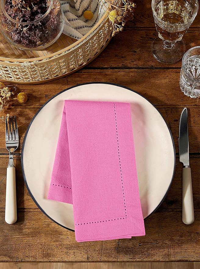 Palisa Cloth Dinner Napkins with Hemstitched Detailing & Mitered Corners Set of 4 (18x18 Inches) Pink - Cotton Reusable Dinner Napkins for Valentines Day Gift, Table Linen for Weddings & Everyday Use
