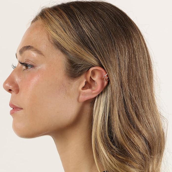 Lavari Jewelers 1/6 Carat Lab Grown Diamond Triple Ear Cuff for Women - 18k Yellow Gold Plated 925 Sterling Silver Diamond Ear Wrap for Her - Hypoallergenic Jewelry - Elegant Simplicity