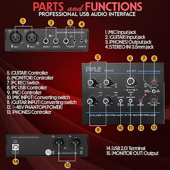 Pyle Professional USB Audio Interface with MIC, Guitar, AUX Stereo Inputs, Phone/Monitor Outputs, Ideal for Computer Playing & Recording, Compact Rugged Metal Housing - PMUX6