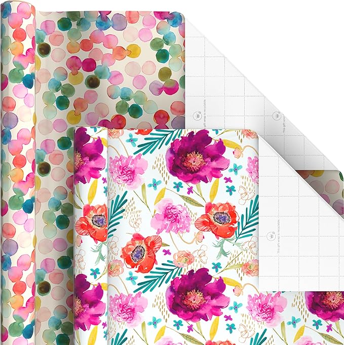 Hallmark Wrapping Paper Rolls for Birthday, Bridal Shower, Baby Shower, Gift Wrap Paper (Set of 6 Rolls: 180 sq. ft. ttl.) Butterflies, Gold Animal Print, Pink Flowers for All Occasions